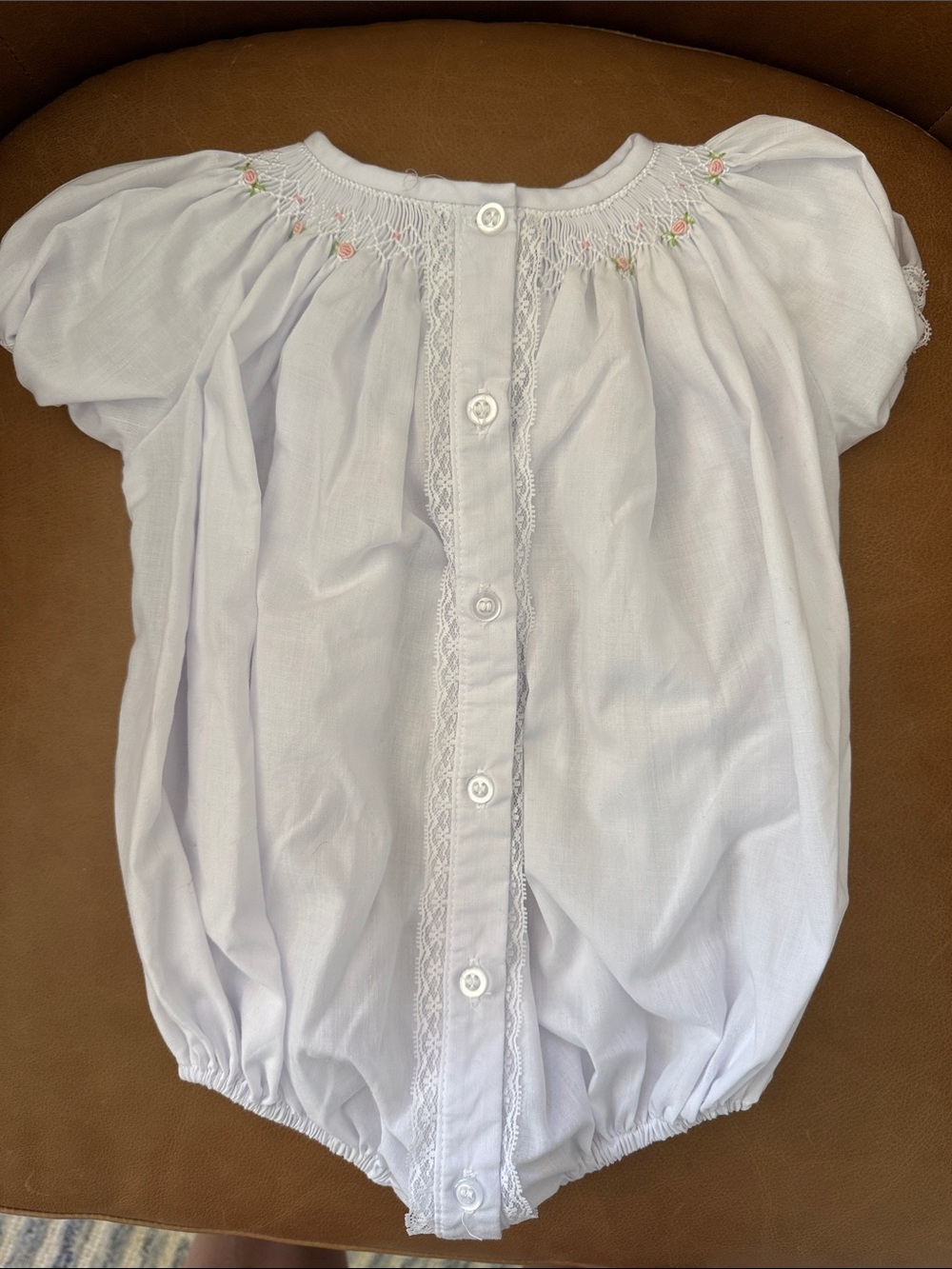 Baby Blessings White Hand Smocked Bishop Bubble 6M Heirloom Romper